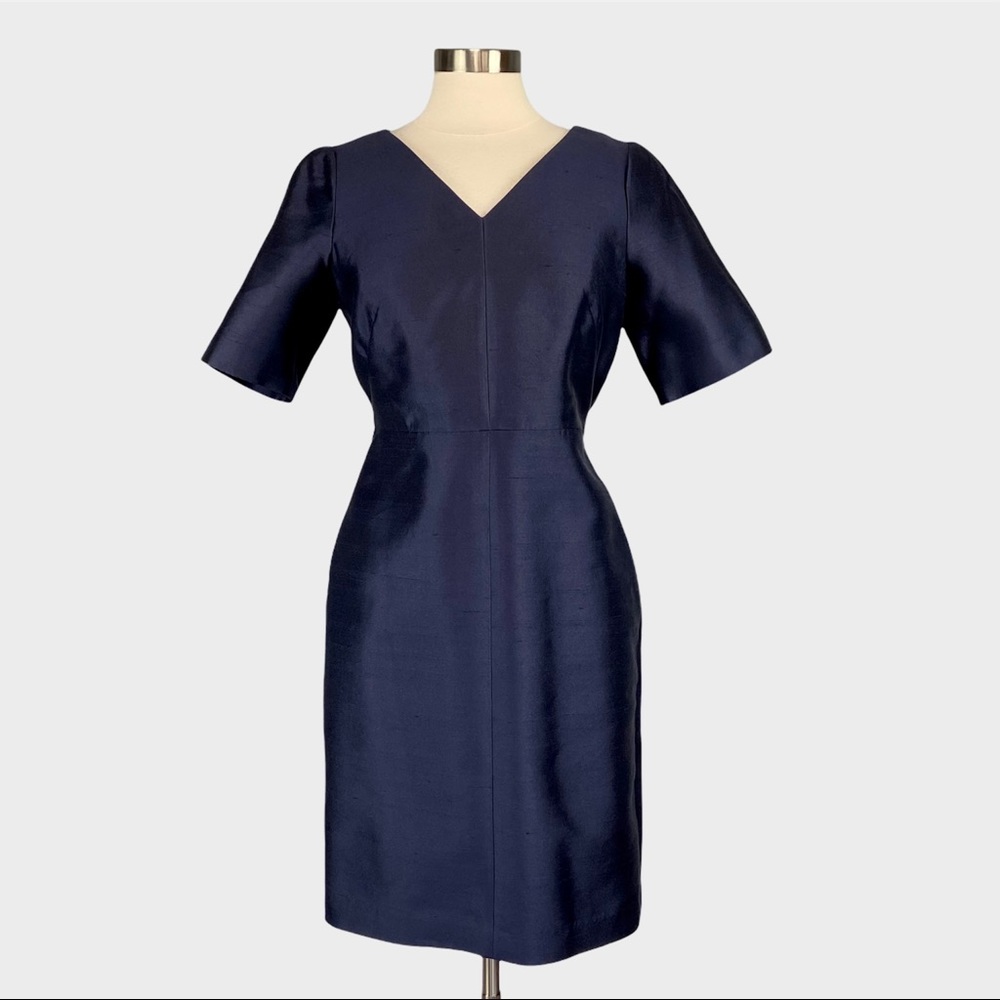 Talbots Blue Silk Wool Short Sleeve V Neck Sheath Dress 12P Petite